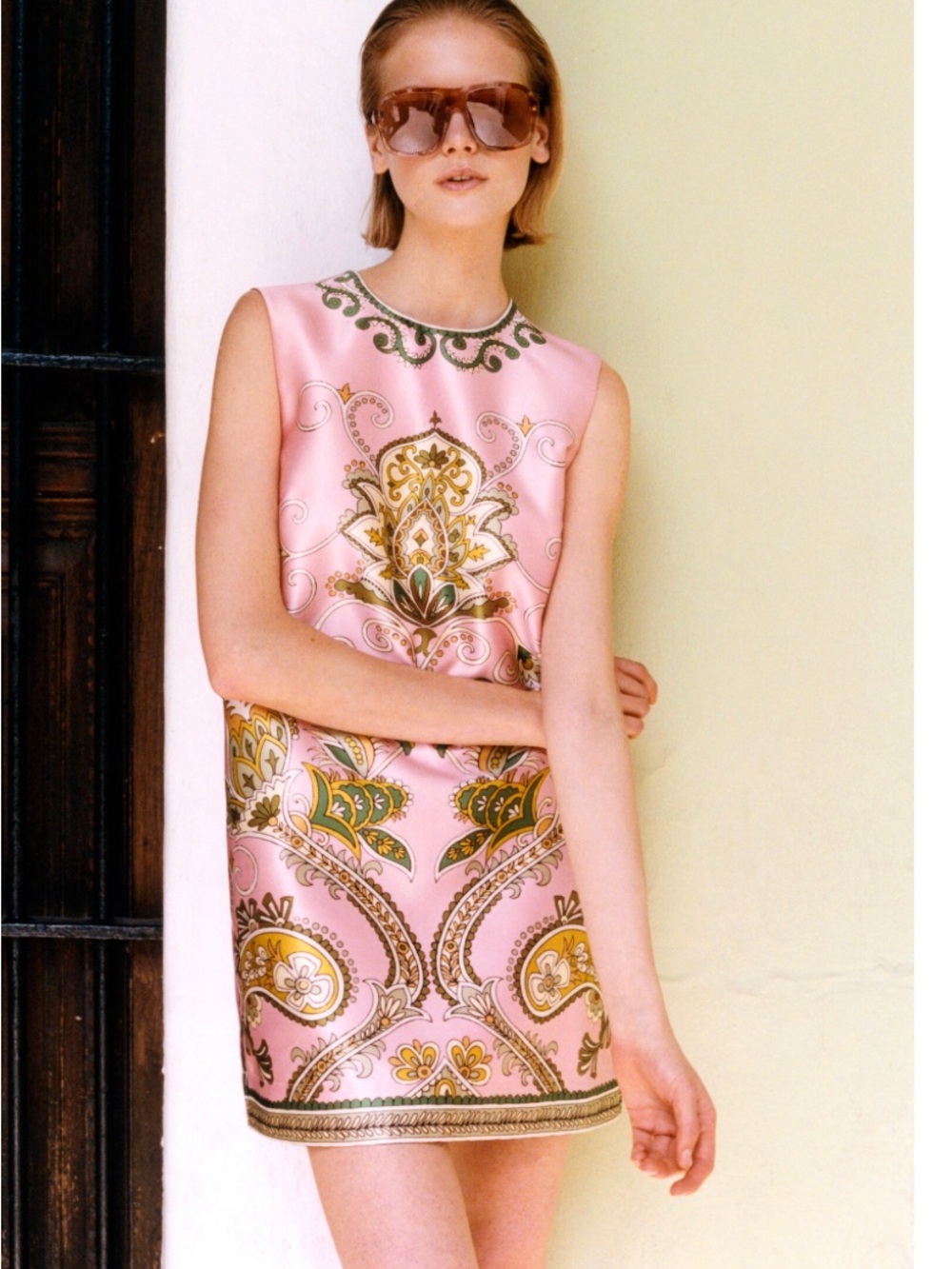 Alemais Pink Paisley-Print Mini Dress with Gold & Green Accents